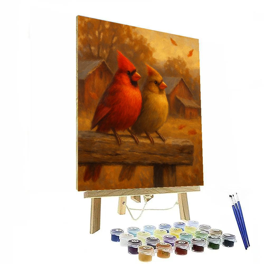 Autumn Twin Cardinals On Barn Beam paint by number