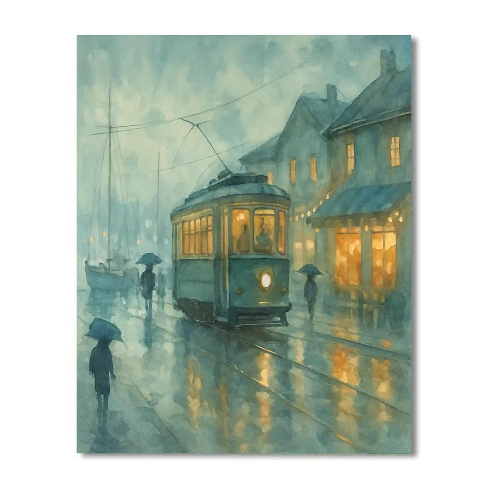 Rainy Tram By The Harbor painting number kit
