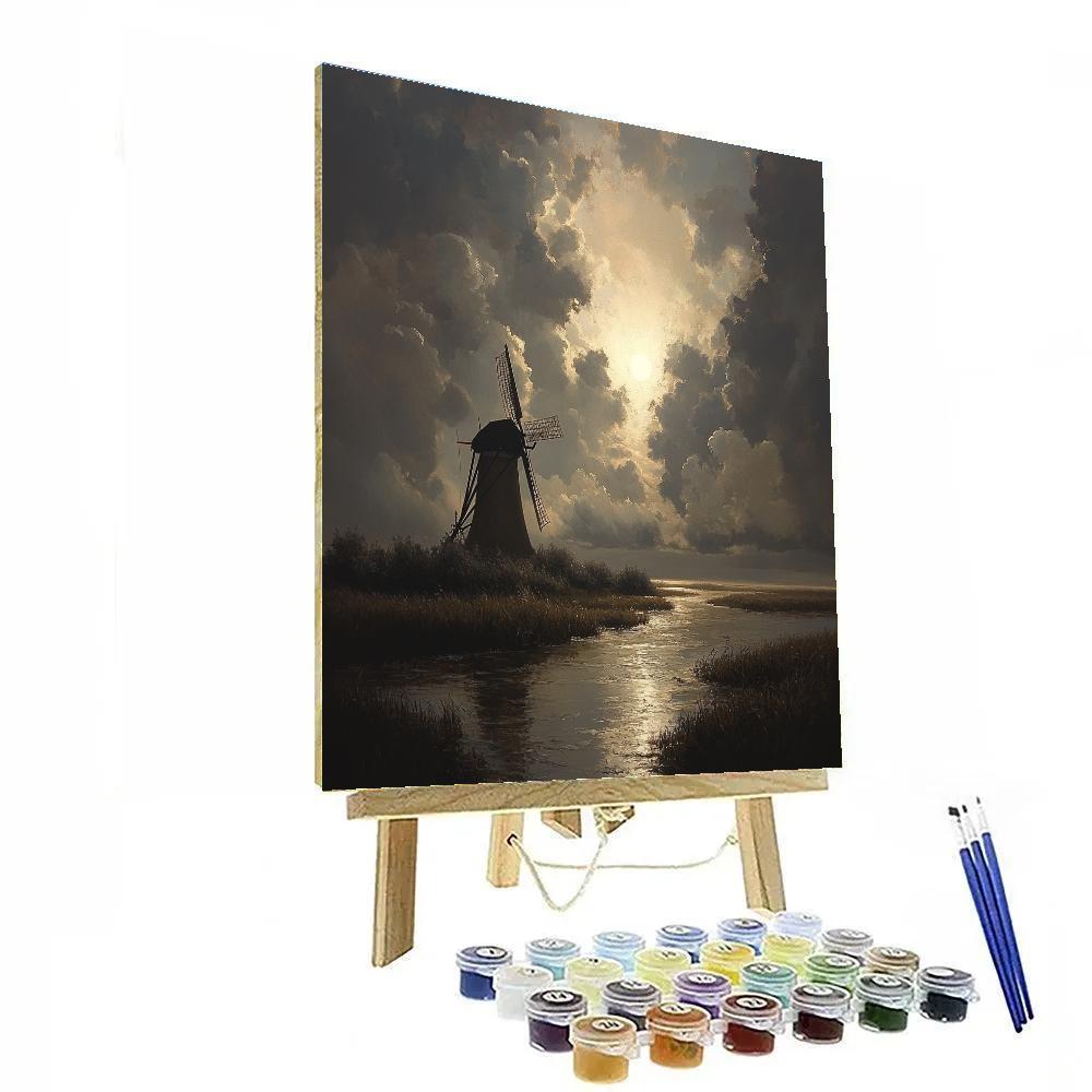 Rembrandt Inspired Windmill Silhouette At Gloaming paint by color