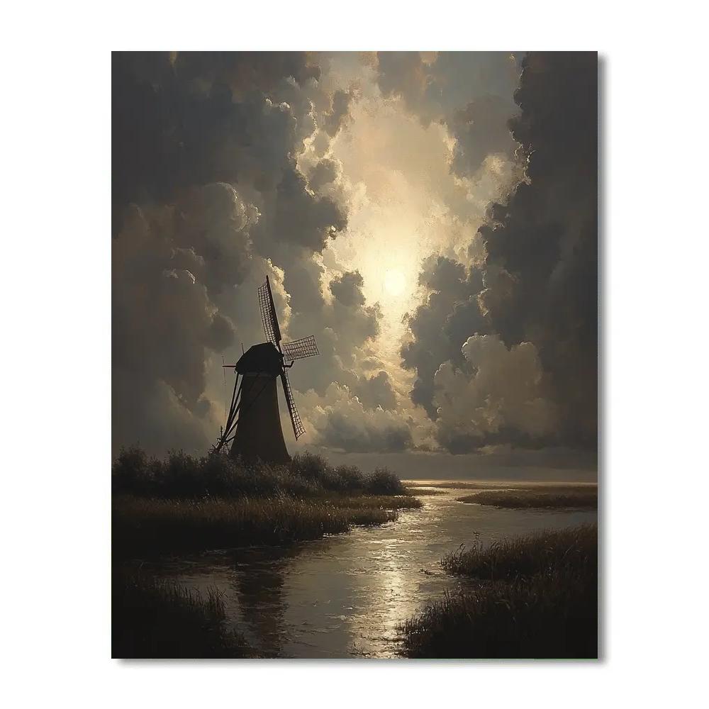 Rembrandt Inspired Windmill Silhouette At Gloaming paint by color