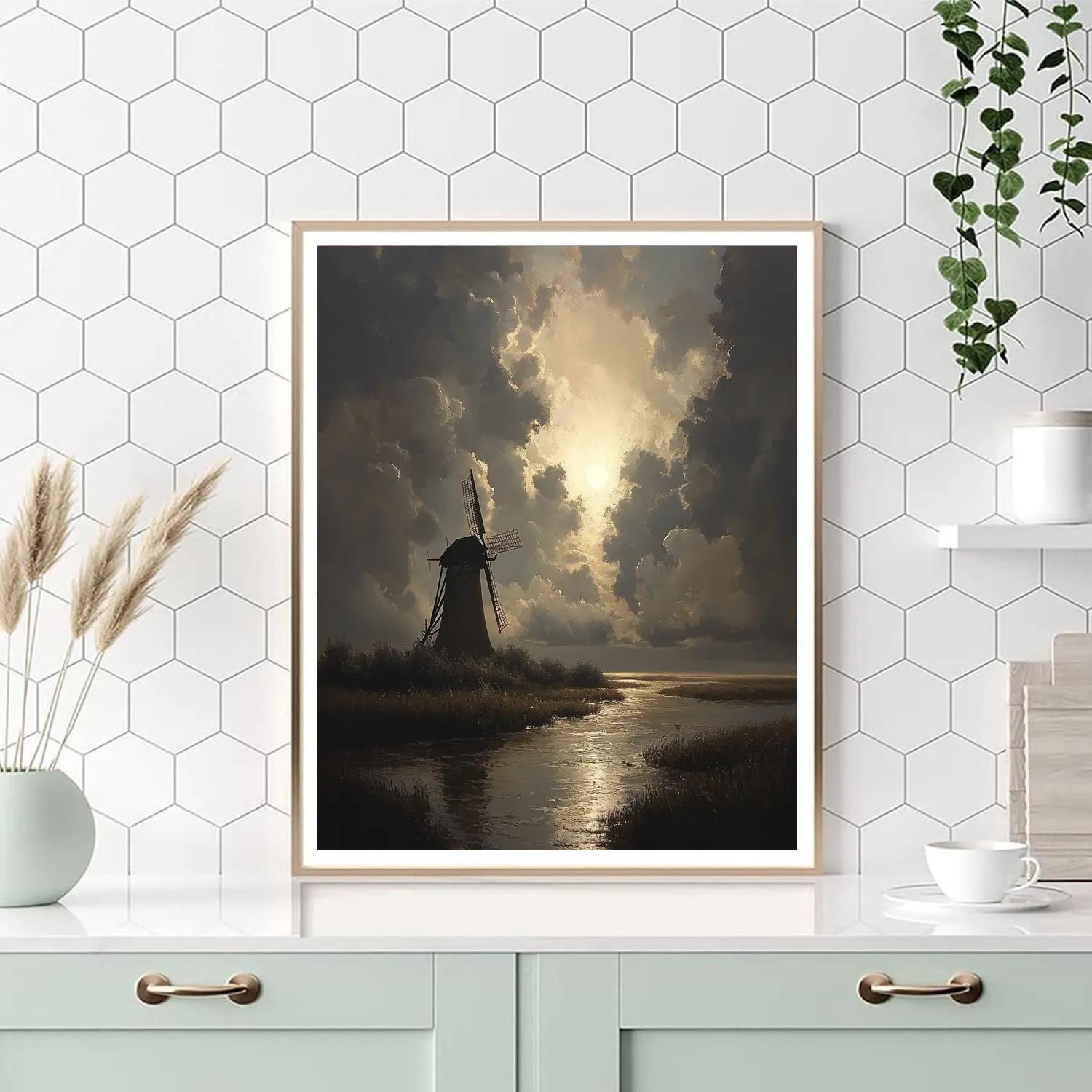 Rembrandt Inspired Windmill Silhouette At Gloaming paint by color