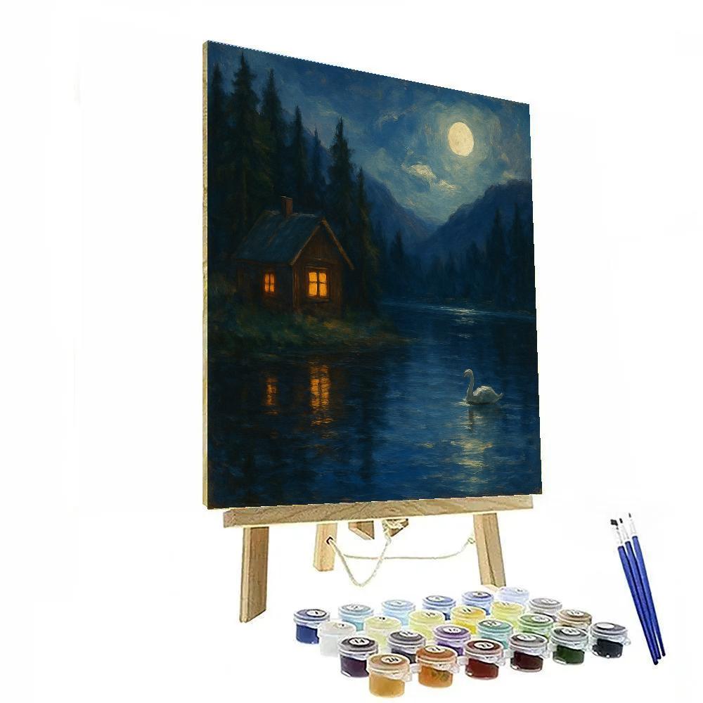 Moonlit Cabin On Glass Lake Paint by numbers kits
