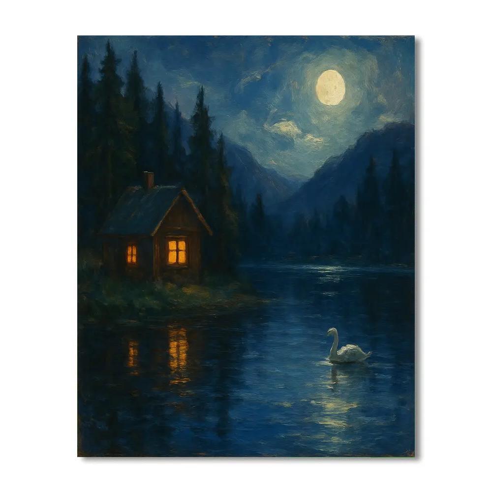 Moonlit Cabin On Glass Lake Paint by numbers kits