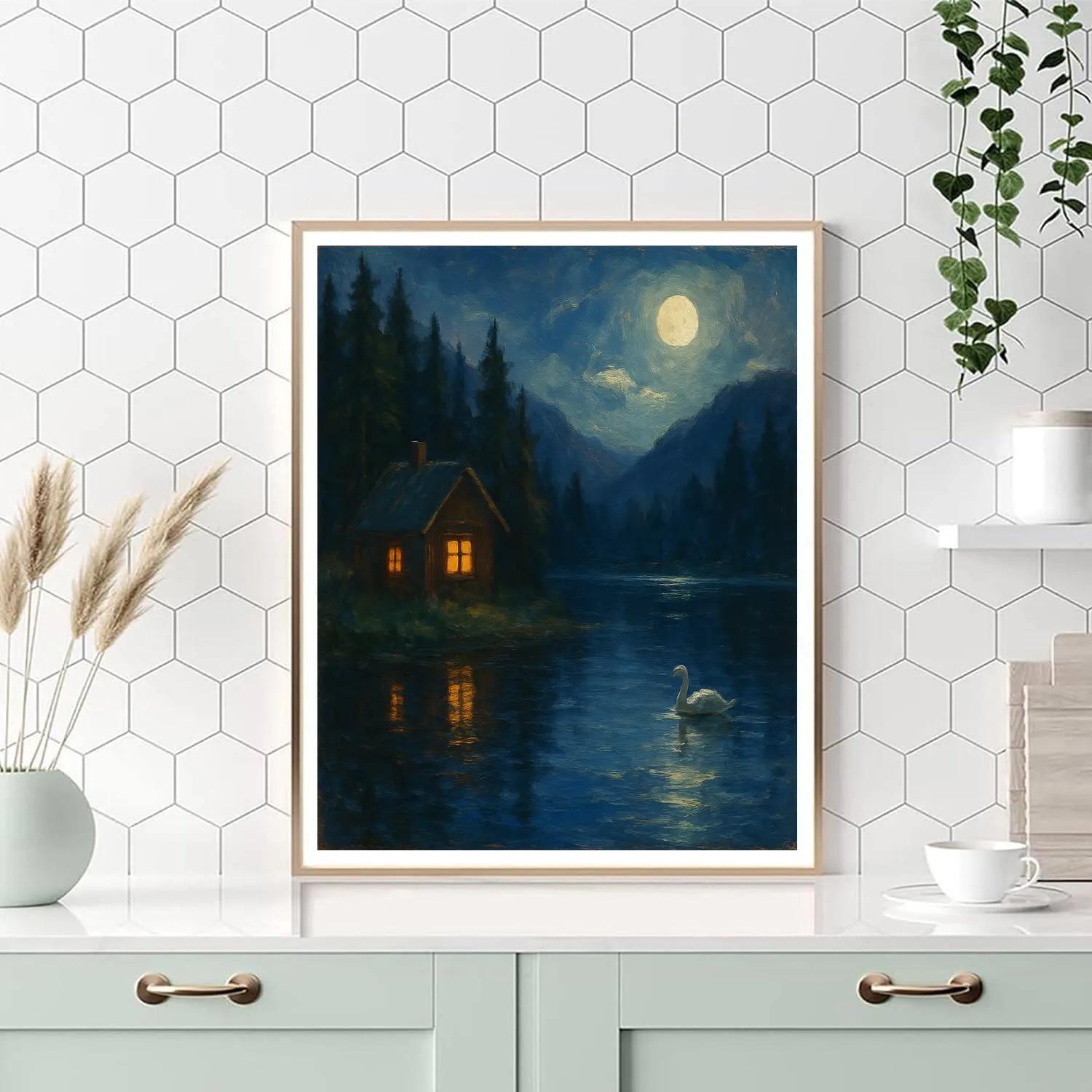 Moonlit Cabin On Glass Lake Paint by numbers kits