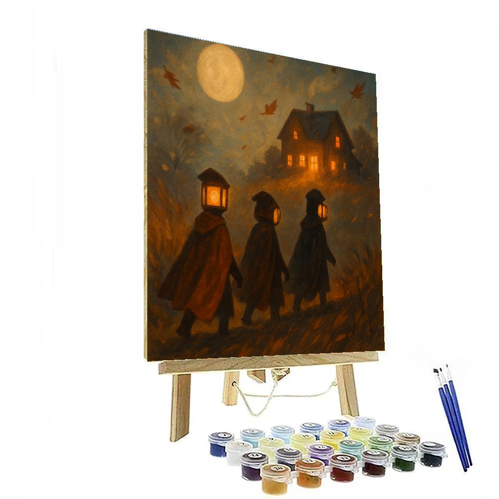 Lantern-Faced Travelers Crossing The Fog paint by number