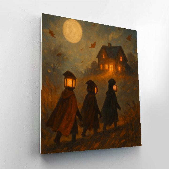 Lantern-Faced Travelers Crossing The Fog paint by number
