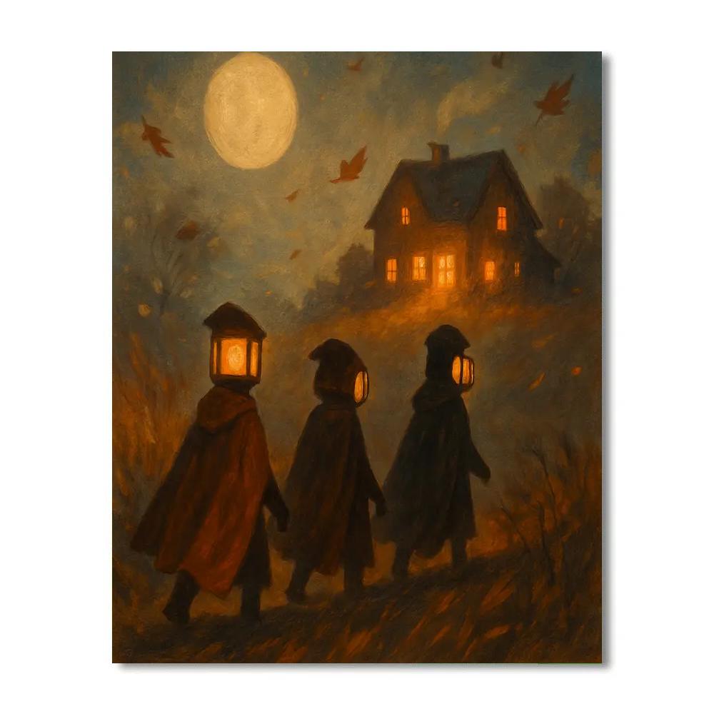 Lantern-Faced Travelers Crossing The Fog paint by number