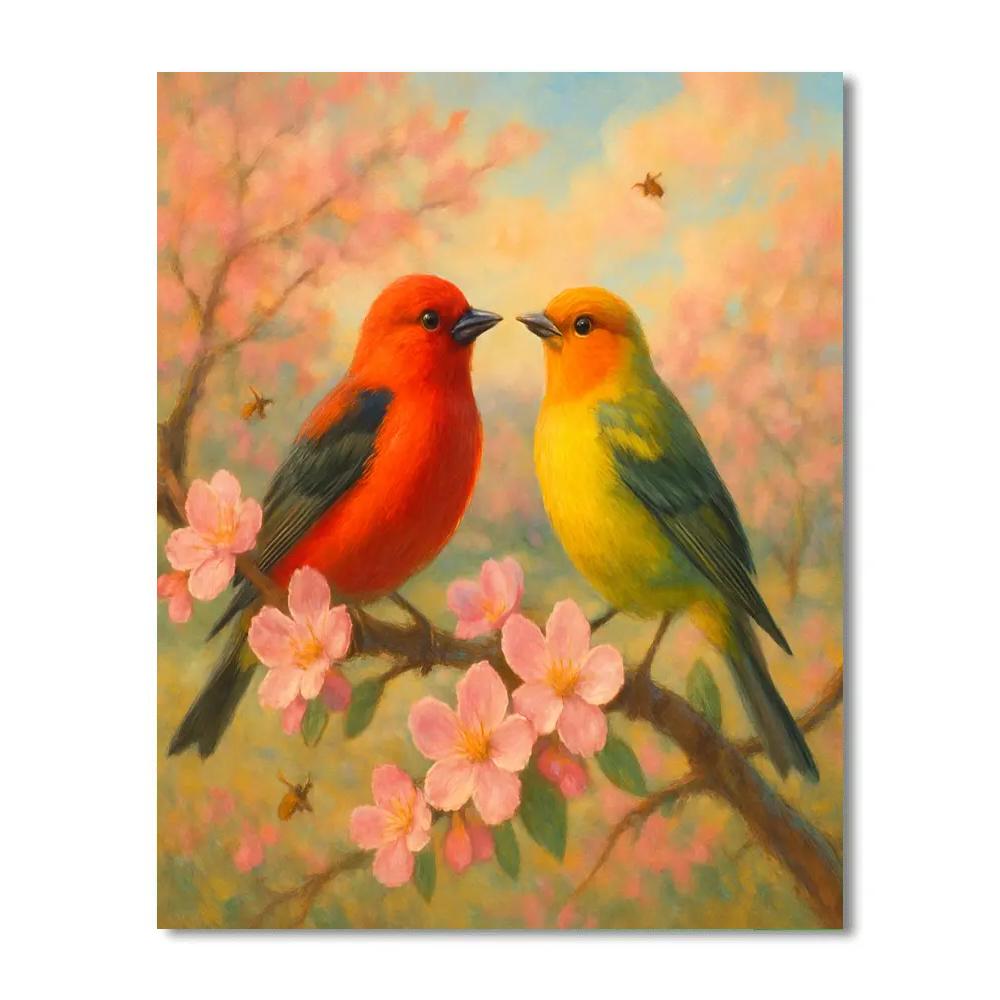 Tanagers On Blooming Bough paint by color