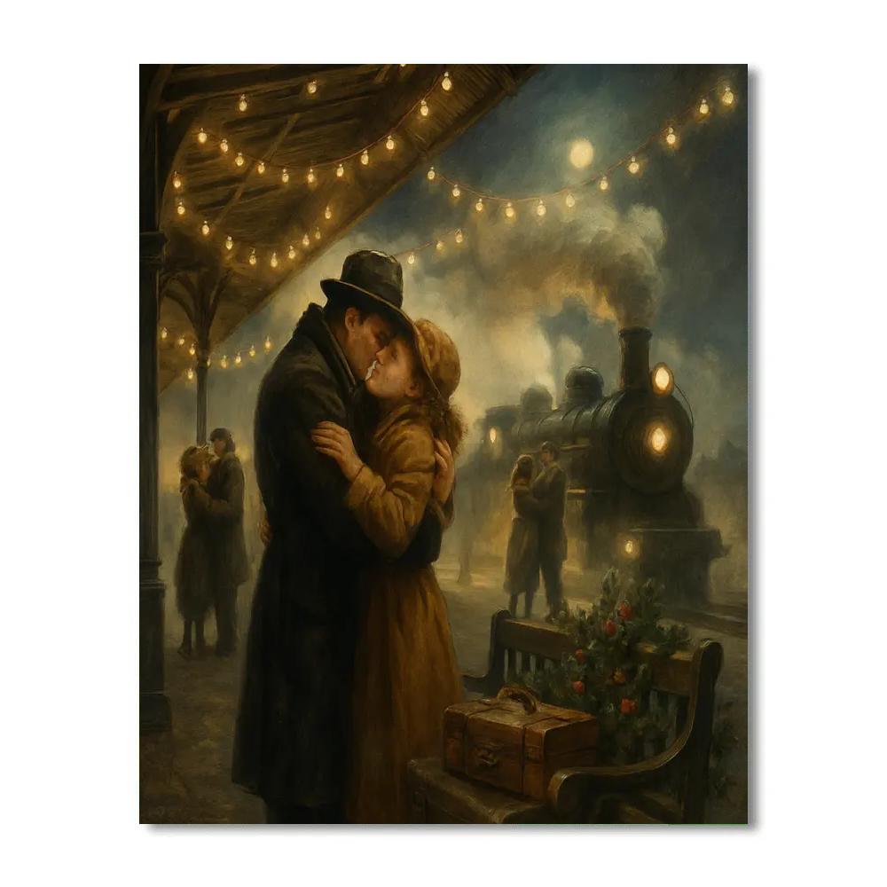 Snowy Train Station Reunion paint by number