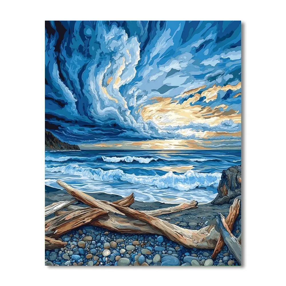 Emily Carr Inspired Churning Pacific Sky And Driftwood Shore painting number kit