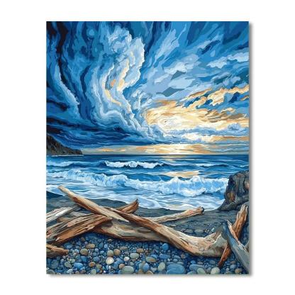 Emily Carr Inspired Churning Pacific Sky And Driftwood Shore painting number kit