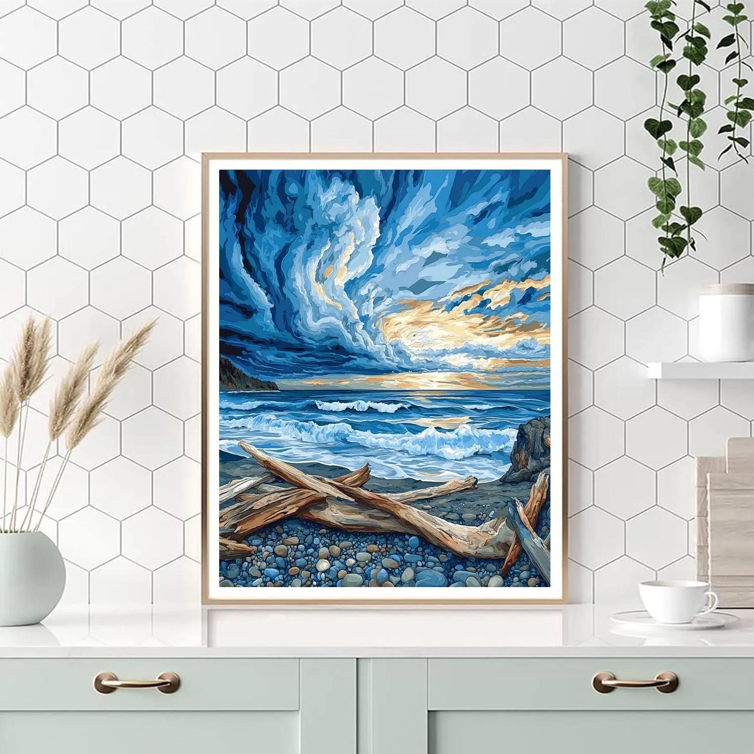 Emily Carr Inspired Churning Pacific Sky And Driftwood Shore painting number kit