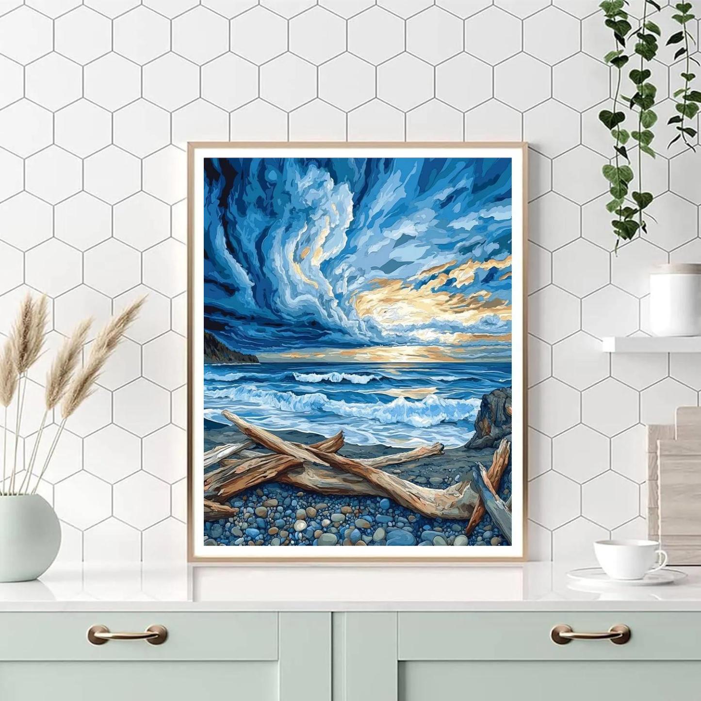 Emily Carr Inspired Churning Pacific Sky And Driftwood Shore painting number kit