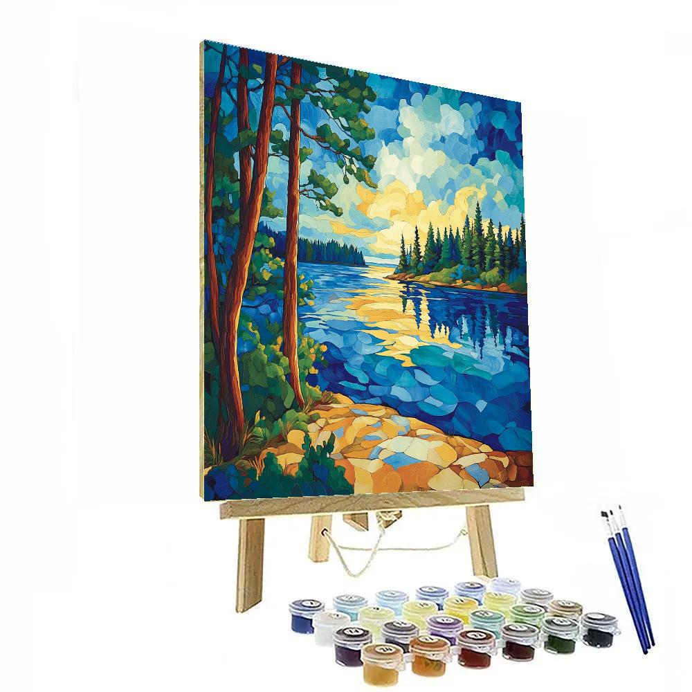 J. E. H. MacDonald Inspired Pine Trees Framing Northern Lake DIY paint by numbers