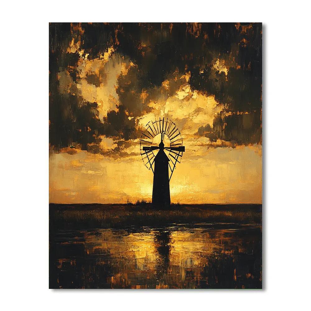 Rembrandt Inspired Windmill Silhouette At Cloud Horizon Painting by numbers kit