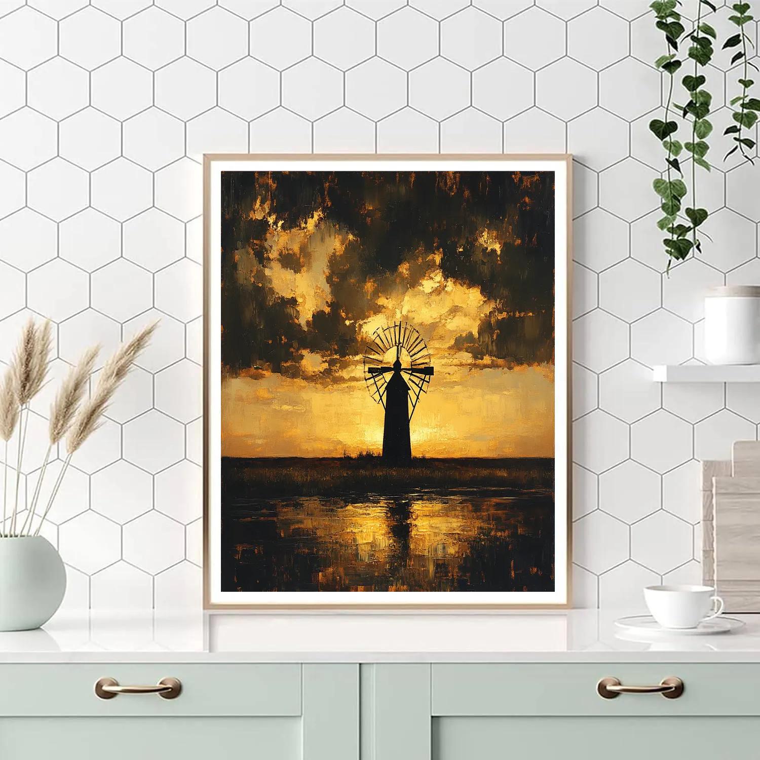 Rembrandt Inspired Windmill Silhouette At Cloud Horizon Painting by numbers kit