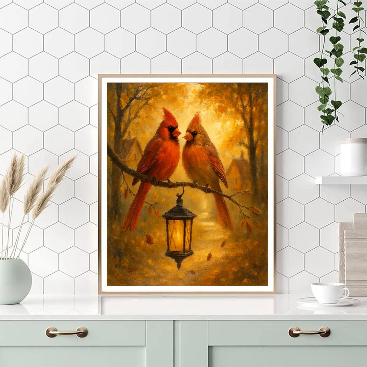 Autumn Cardinals On Lantern Branch Paint by numbers art