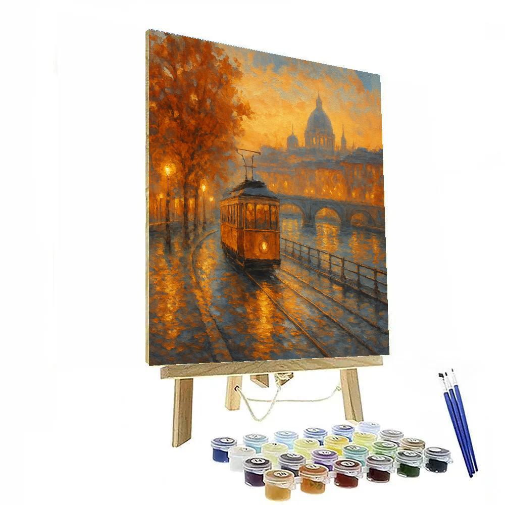 Sunset Tram On Riverside paint by number
