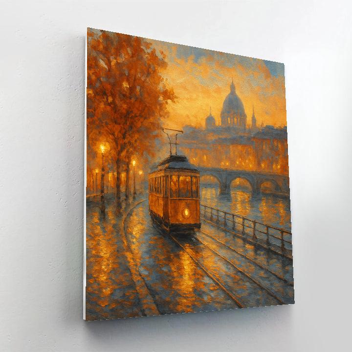 Sunset Tram On Riverside paint by number