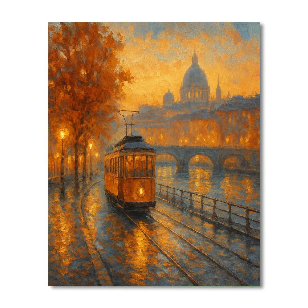 Sunset Tram On Riverside paint by number