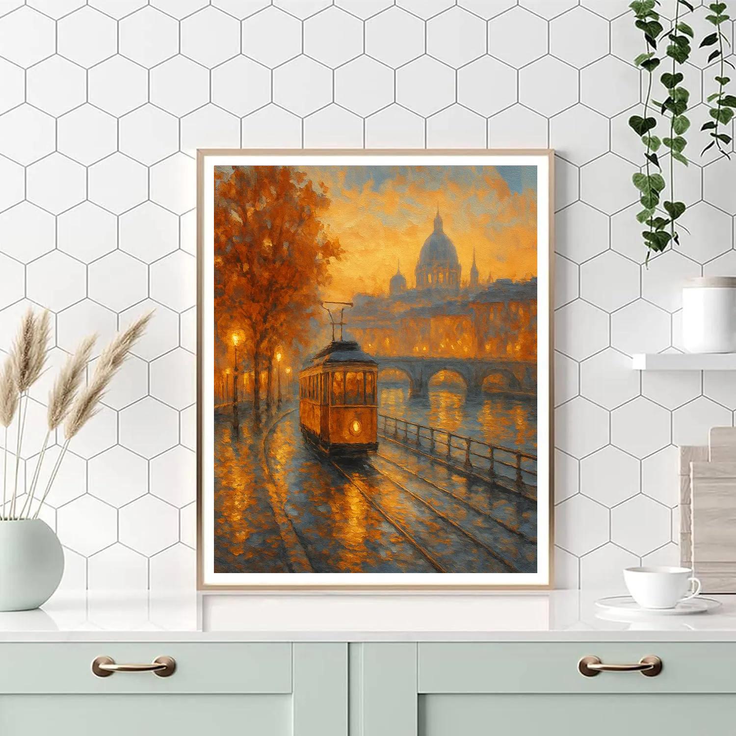 Sunset Tram On Riverside paint by number