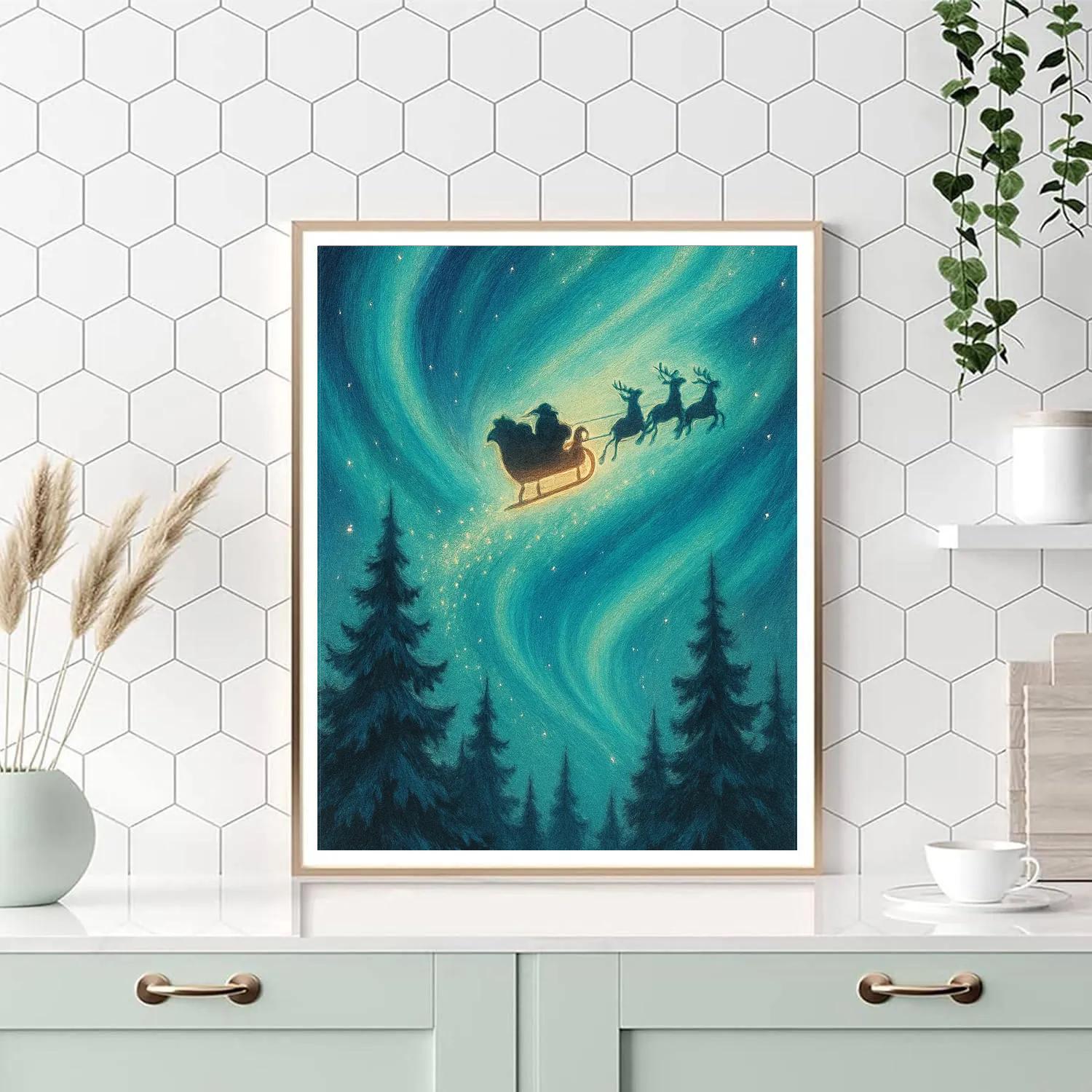 Northern Lights Sleigh Run Number painting