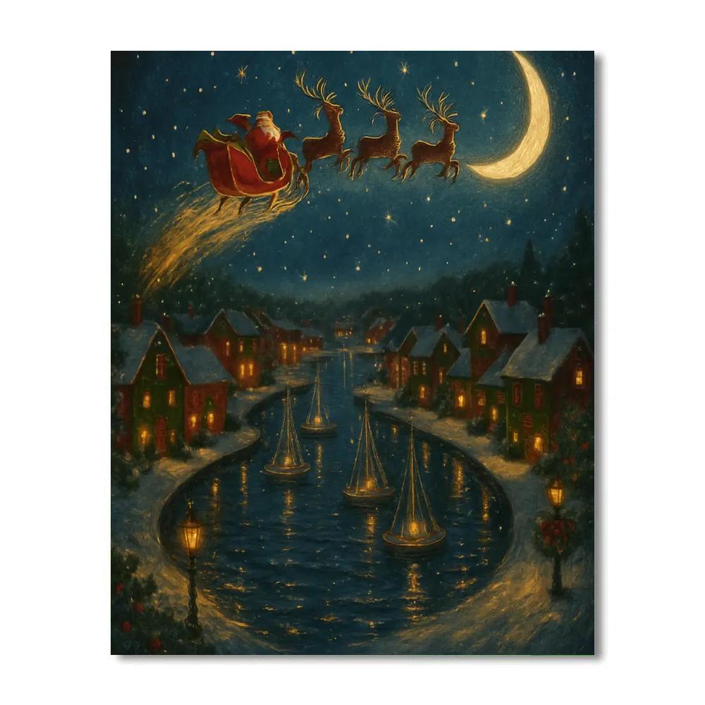 Santa Sleigh Over Crescent Harbor Number painting