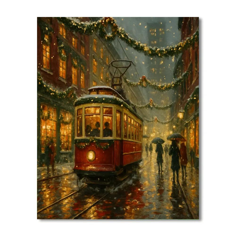 Festive Tram Through Snowfall Painting by numbers kit