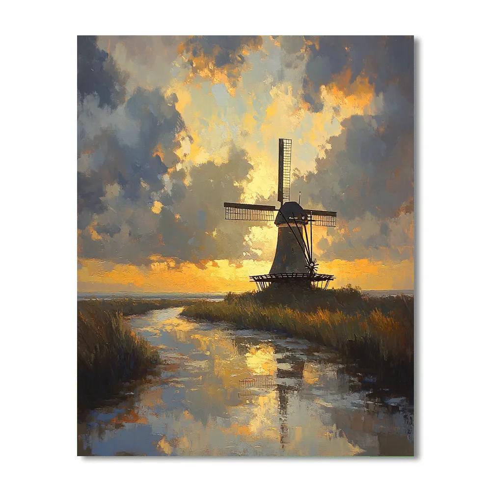 Rembrandt Inspired Windmill At Twilight Edge paint by color