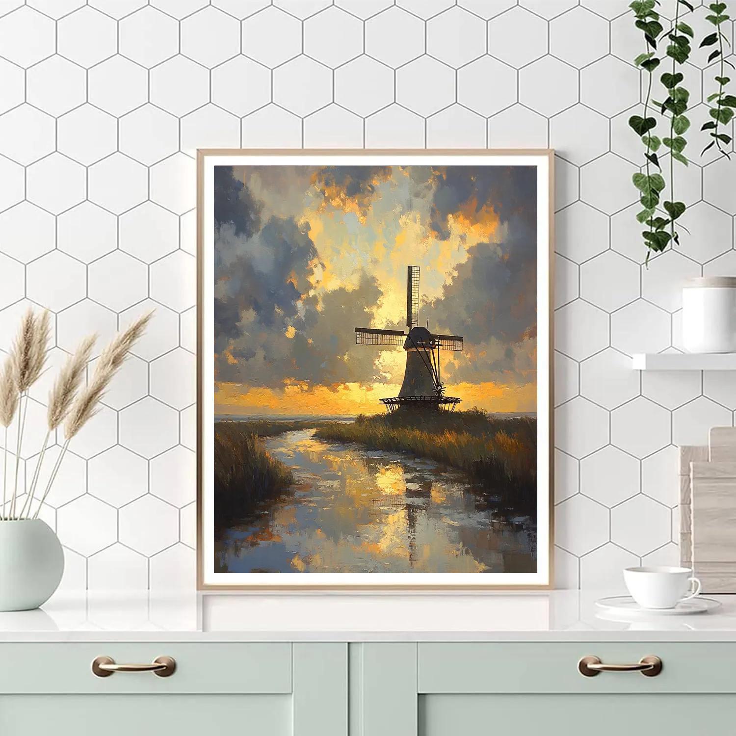 Rembrandt Inspired Windmill At Twilight Edge paint by color