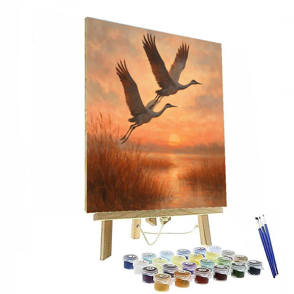 Cranes Greeting A Rose Dawn paint by numbers