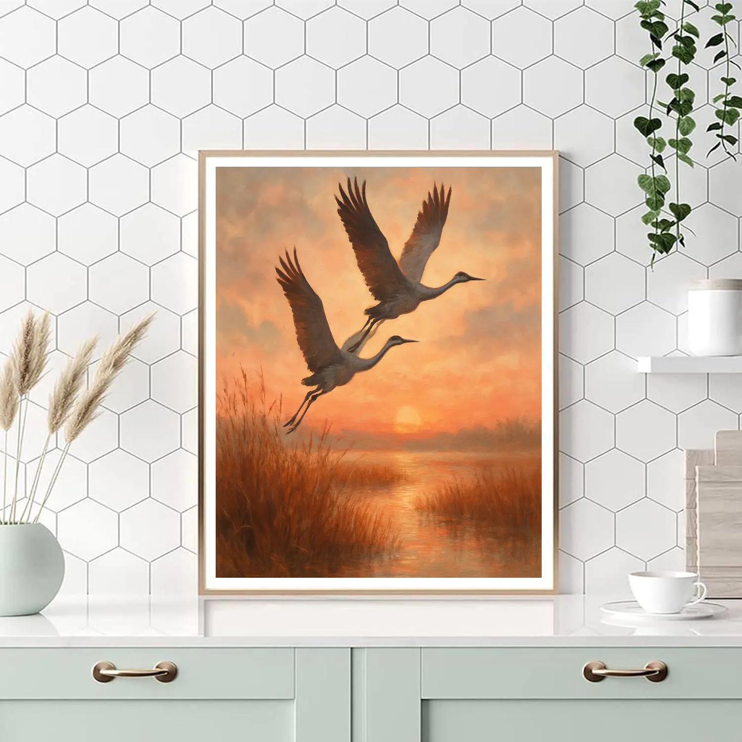 Cranes Greeting A Rose Dawn paint by numbers