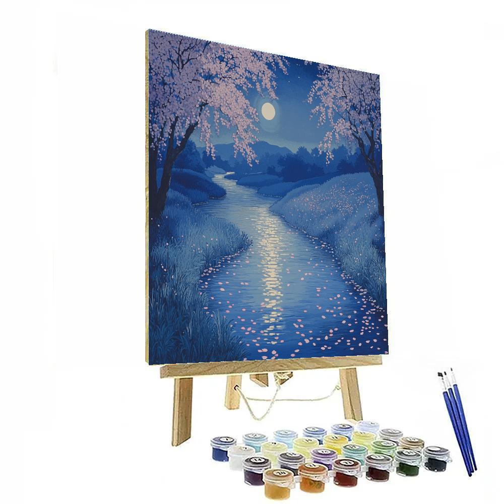 Hiroshige Inspired Moonlit Cherry Stream paint by numbers