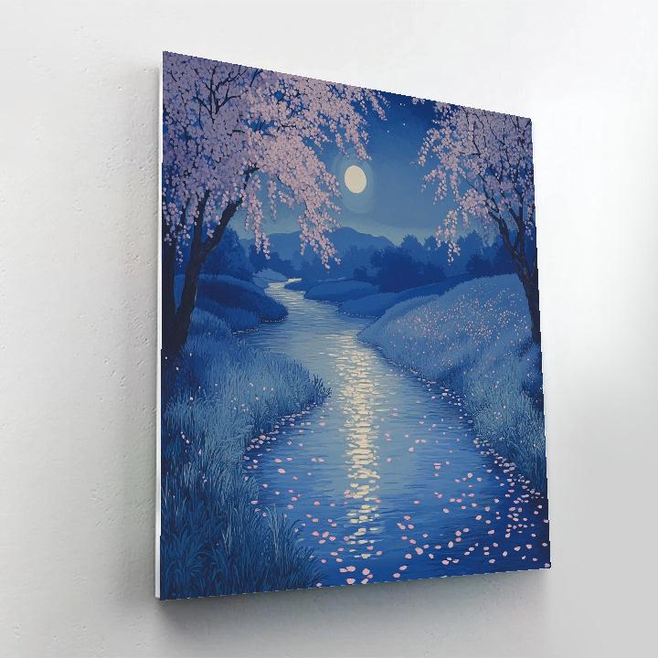 Hiroshige Inspired Moonlit Cherry Stream paint by numbers