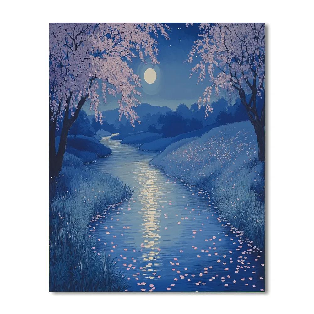 Hiroshige Inspired Moonlit Cherry Stream paint by numbers