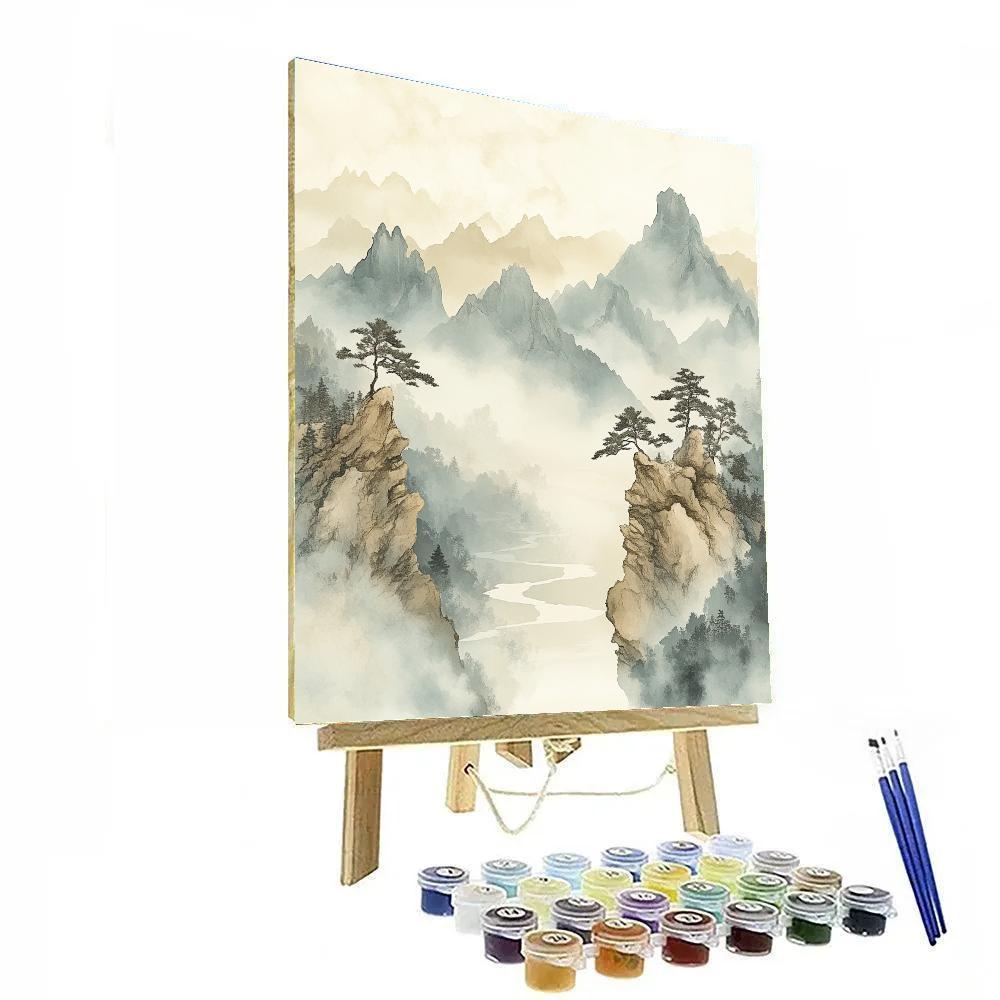 Zhao Mengfu Inspired Mistbound Mountains paint by color