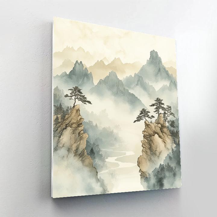 Zhao Mengfu Inspired Mistbound Mountains paint by color