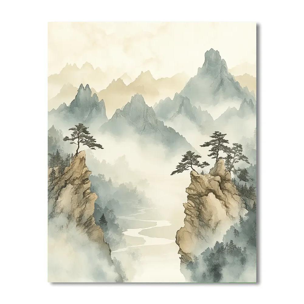Zhao Mengfu Inspired Mistbound Mountains paint by color