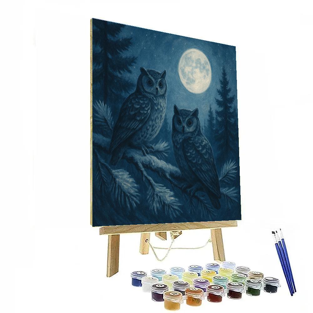 Owls Beneath Moonlit Pines Numbered painting kits