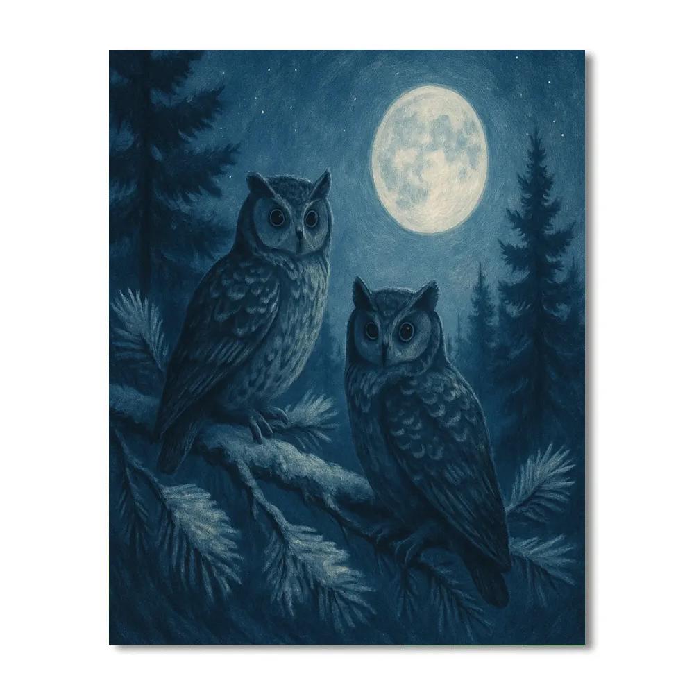 Owls Beneath Moonlit Pines Numbered painting kits