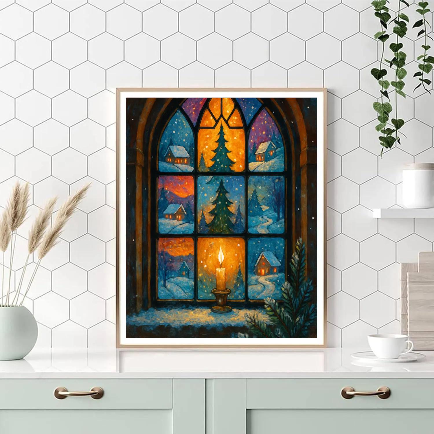 Mosaic Snow Church Window Painting by numbers kit
