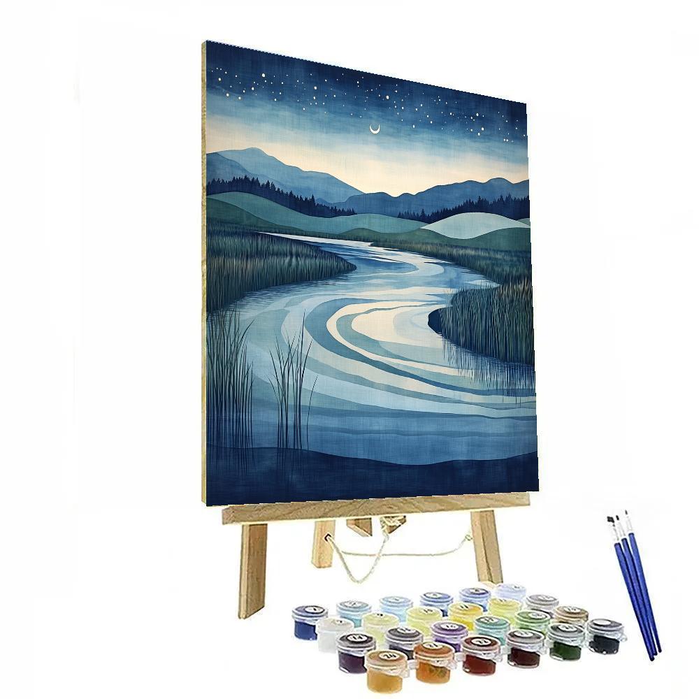 Hiroshige Inspired Moonlit Riverbend Number painting