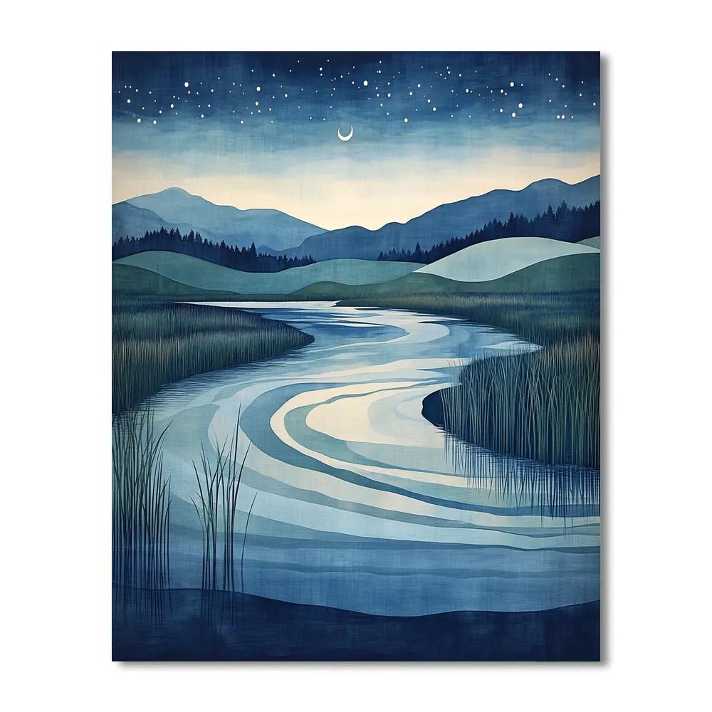 Hiroshige Inspired Moonlit Riverbend Number painting