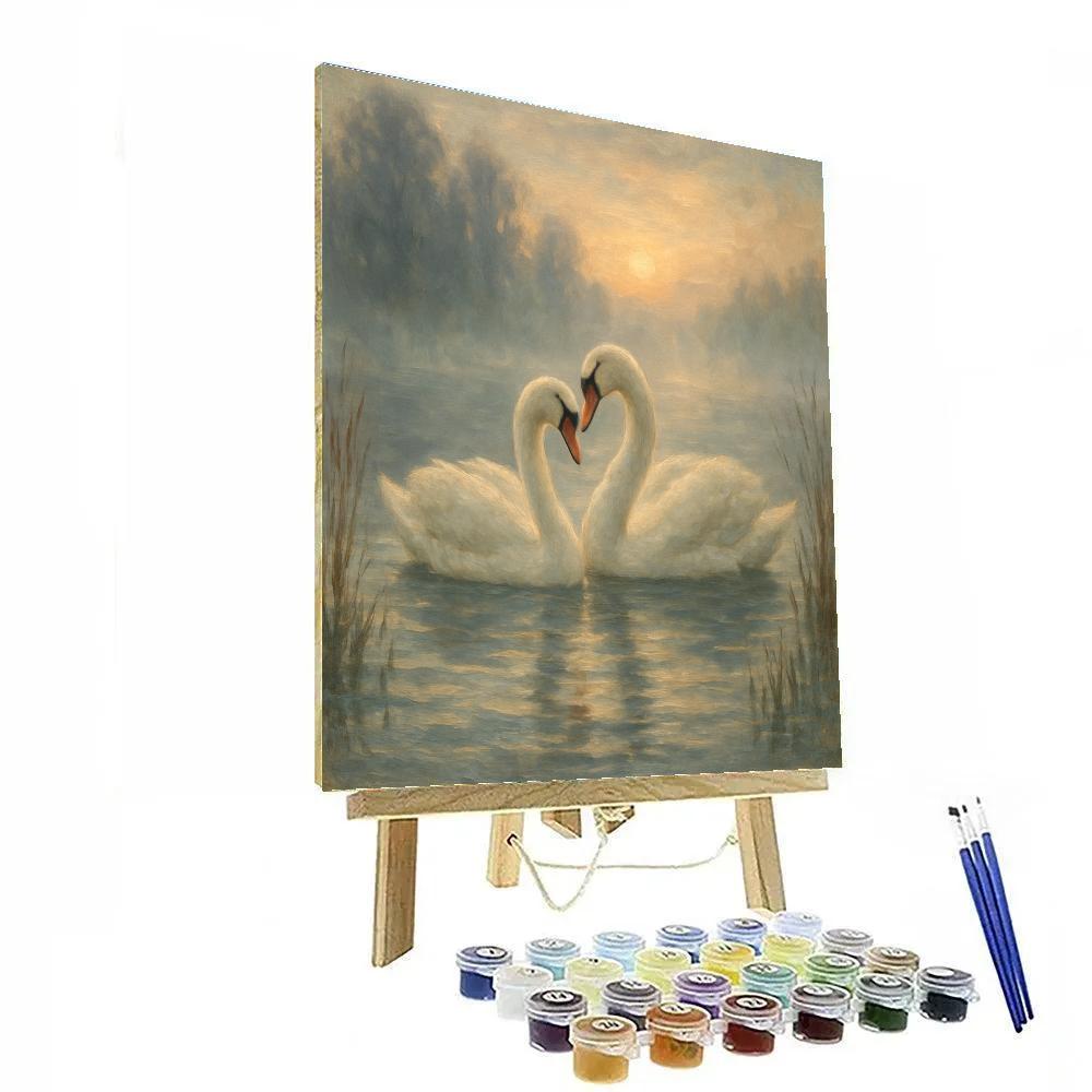 Swans In Misty Dawn Harbor DIY paint by numbers