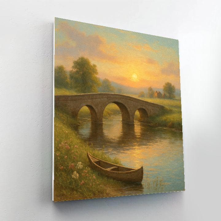 Sunlit Riverbend With Stone Bridge Paint by numbers art