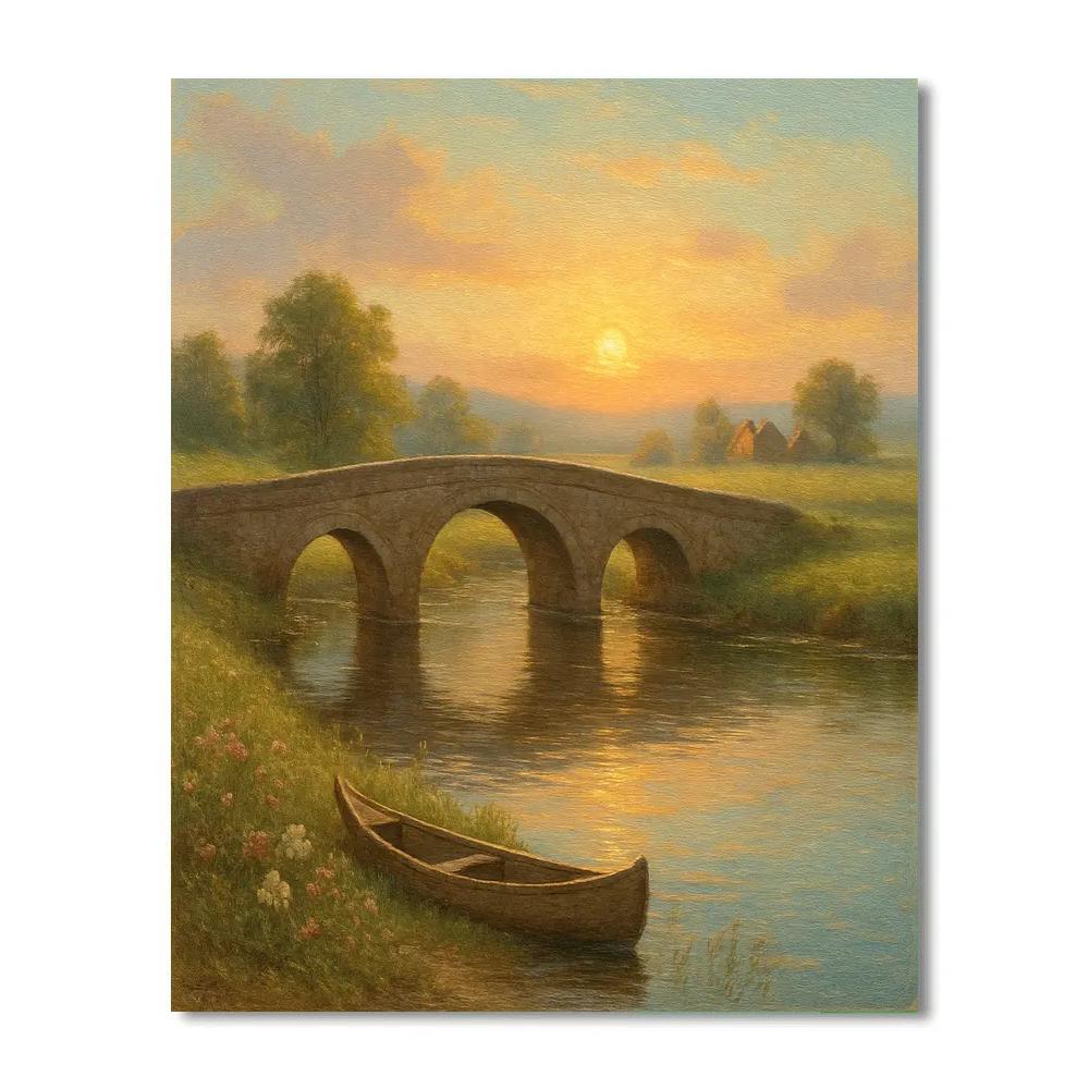 Sunlit Riverbend With Stone Bridge Paint by numbers art