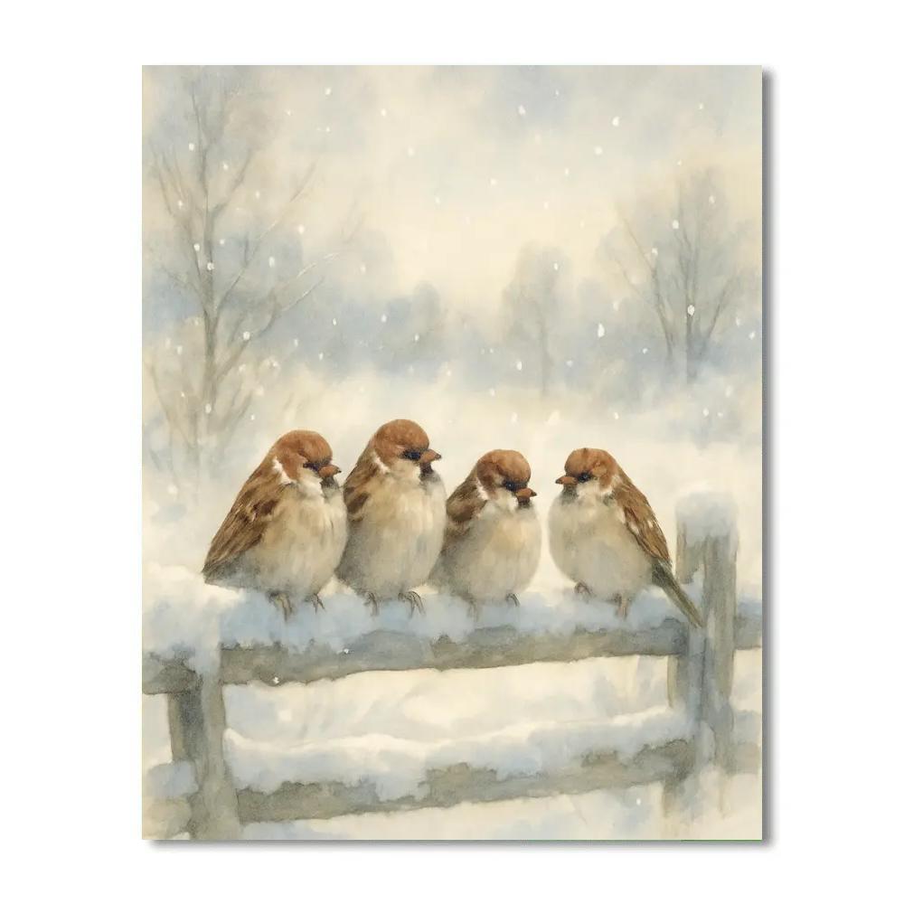 Winter Sparrows By Snow Laden Fence Numbered painting kits