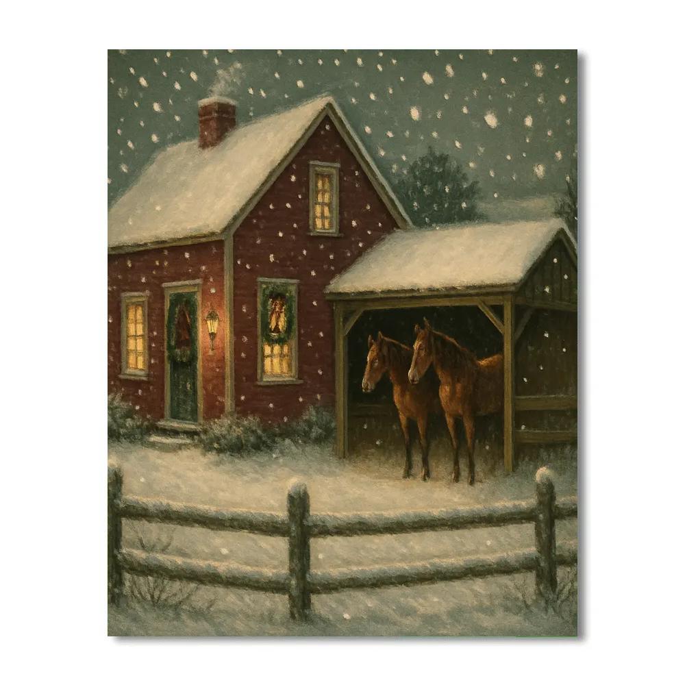 Silent Snowfall Over Red Barn Paint by numbers art