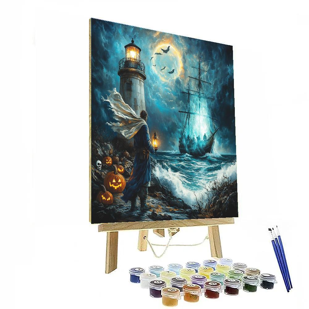 Spooky Lighthouse Keeper And Moonlight Apparition Paint by numbers kits