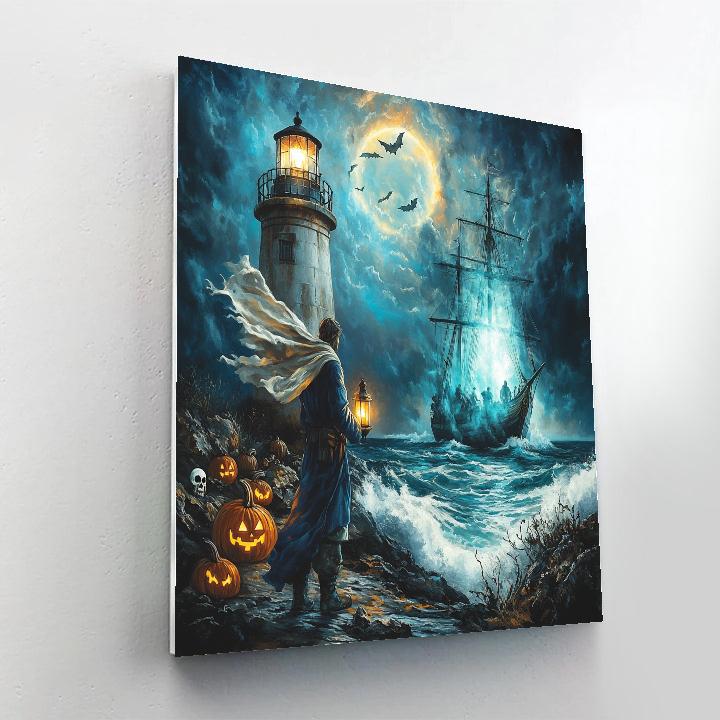 Spooky Lighthouse Keeper And Moonlight Apparition Paint by numbers kits
